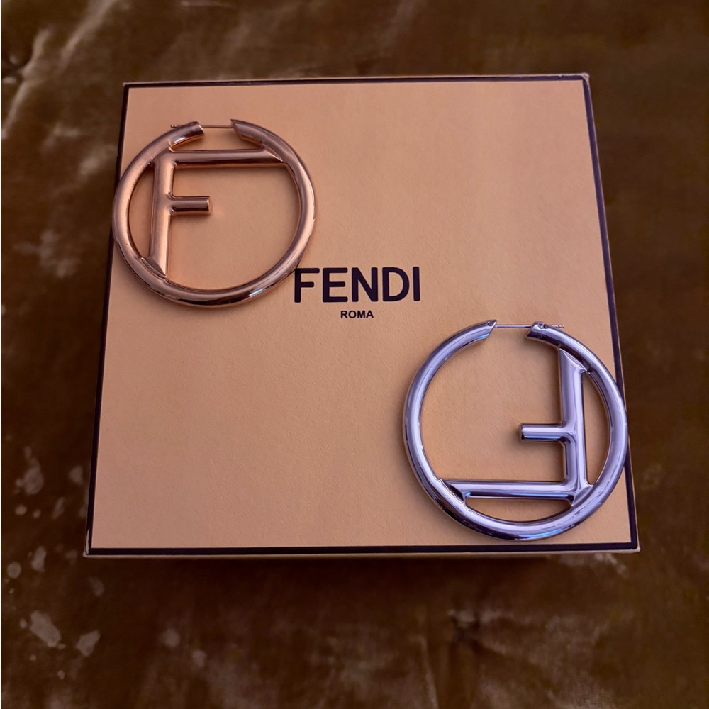 Fendi Two-Tone FF Logo Hoop Earrings in Silver and Rose Gold - Picture 4 of 5